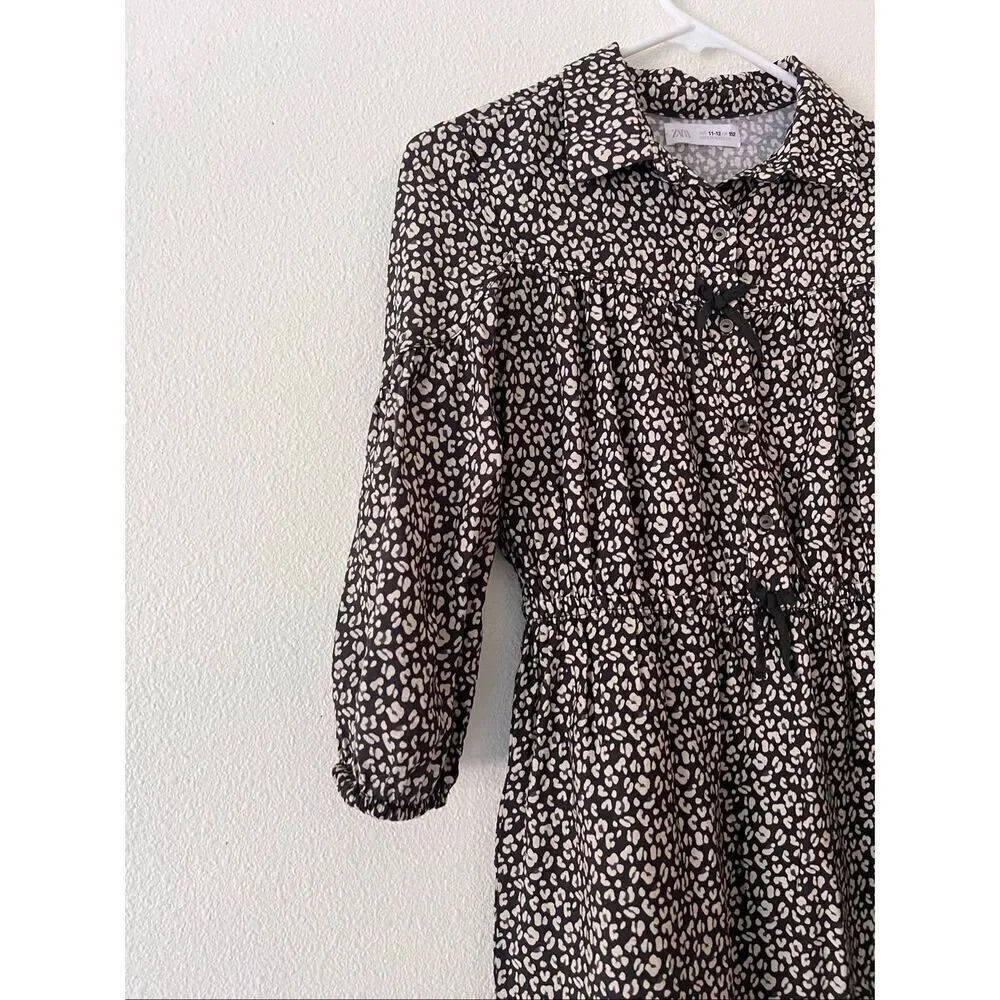 Zara Girl Black /Cream Dress Elastic waist bow front size 11-12 Y